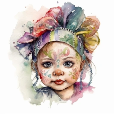 cute baby girl wearring carnival mask, mardi gras, kaluta art style pen and ink watercolor clipart,isolated on white background