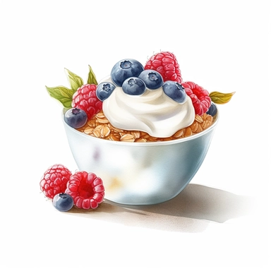 realistic granola and yogurt watercolor clipart on white background