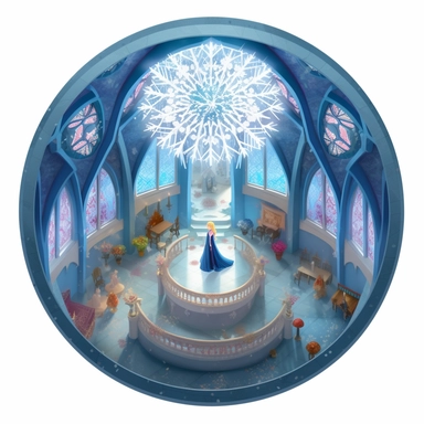 inside elsa frozen animation castle style,ice snow castle inside in castle, disney pixar style, top view, circle format, clipart