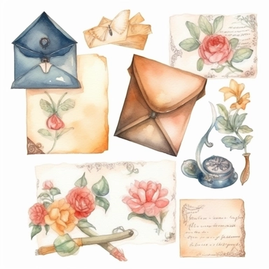 Envelopes, letters, paper mail Watercolor collection clipart, Cottagecore vintage clipart, highly detailed painting, watercolor illustration on a white background