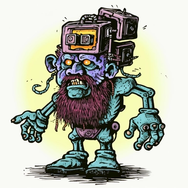 shambling limping dwarven zombie with tesla coils coming out, dark electric aura, Basil Wolverton Josh Kirby Dave Gibbons handpainted enamel punk zine indie retrowave, clipart illustration, solid white background