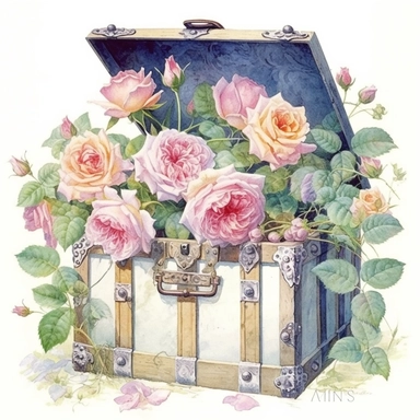 Empty open old pirate chest full of breathtaking english roses in pastel combo, by ann buccarelli ,watercolor, white background ,watercolour, insanely detailed, on white background, amazing colour combo, with detailed watercolor blooms of spring garden flowers white/ pink/ green, bec winnel, intricately textured, close up, walter Langley, lucy grossmith, heavy impasto technique, detailed shading, atmospheric watercolours, on white background clipart