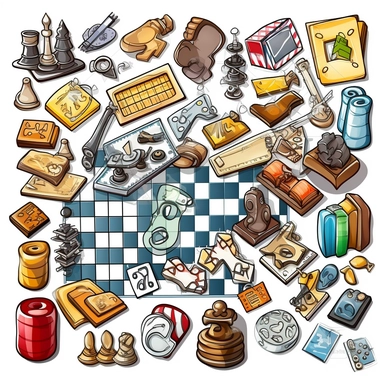 Design a clipart set that depicts various board games, such as chess, checkers, Scrabble, Monopoly, and Candyland. Add extra details to the clipart, such as players playing the games, boards, dice, cards, and game pieces to make the games appear more realistic. Consider different angles, such as close-ups of the board or game pieces, to showcase the finer details.