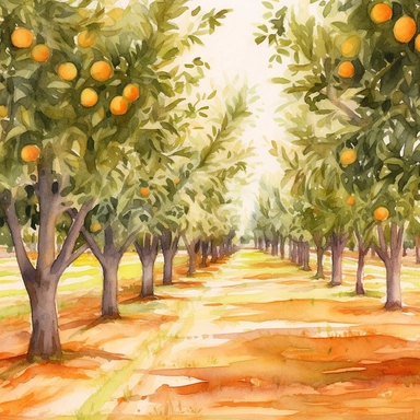 Citrus Grove: Create a watercolor clipart of an expansive orange grove, capturing the rows of trees and the play of light and shadow. Incorporate warm earthy tones and a sense of depth to bring the scene to life.