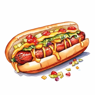 a watercolor, hyper-realistic clipart image with a white background and white margins, showcasing a classic hot dog with a perfectly grilled sausage, nestled in a fluffy bun, topped with ketchup, mustard, and relish. The ultra-detailed, hand-drawn elements capture the vibrant colors and textures of the toppings. Use whimsical touches to add a touch of nostalgia, and bold shades of red, yellow, and green to evoke the mouthwatering and savory nature of this iconic street food.