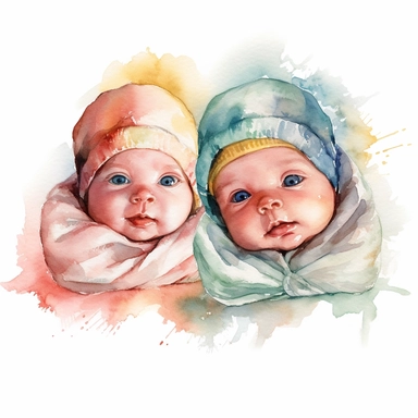 Watercolor cute new born twin baby on a cute blanket, clipart, singel clipart, High resolution, 8k