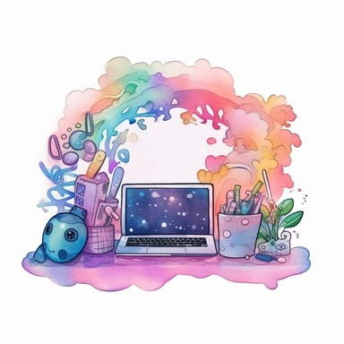 studio logo of programming colorful code getting out of a computer's screen clipart , boho style, in style of Watercolor and ink outline