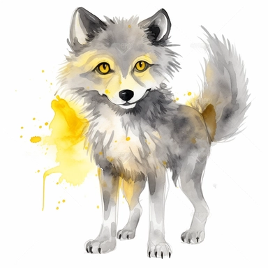 Cute wolf in its natural state clipart ,happy expression, bright, hypnotic yellow eyes, long and powerful legs,mixture of light and dark shades of grey fur,standing in dynamic pose,front view, in the style of watercolor cartoon clipart, kate greenaway style, high resolution, composition free space, pastel color scheme, soft and tender, watercolour clipart, watercolor illlustration for kids and children,isolated white background, clipart most popular on etsy, book illustration, featured on dribbl