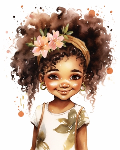 a little melanin girl portrait in watercolor Disney style clipart on white background, hugh eyes, sarah kay, holly hobbies, valentines day