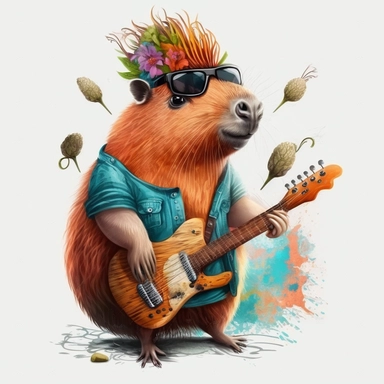 illustration creative, funny Rockstar Capybara, white background, clipart