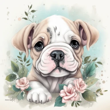 super cute newborn baby bulldog clipart with huge cute blue eyes happy smiling mouth painted in watercolor style, splashes, muted pastel blush pink and muted pastel sage green and muted pastel sage blue eucalyptus and peony flowers, white background jasmine becket griffith style hyper-realistic photorealistic hd