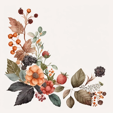 watercolor dusty red floral in the far bottom left corner and far top right coner only, and blackberries in the far bottom left left corner and far up right corner only, clipart, orange, white background, no text