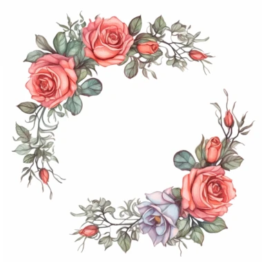 beautful thin floral incomplete circle frame for a wedding with roses in Hawaii and many buds, leaves and branches on white background, clipart, vintage colors, no shadow, flat, no gradient, high details, realistic