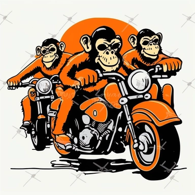 Clip Art of 3 monkeys riding Harley Davidson motor cycles, upbeat, black and orange