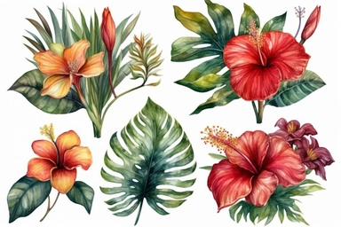Set tropical bouquets of hibiscus rose, frangipani and greenery of monstera palm leaf and palm fronds, exotic clipart hand drawn watercolor painting of natural leaves and flowers isolated on white.