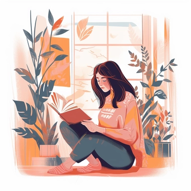 vector design, image of a woman, taking her final education exam with a book, flat modern illustration, clipart, white background, atey ghailan, nature study, natural pastel colors, orange and pink prevail, style by Tom Witen, by ai yazawa