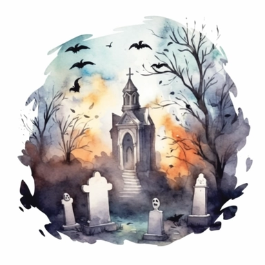 watercolor illustration cemetery halloween ghosts watercolor print, in the style of detailed environments, eye-catching composition , isolated white background, clipart,