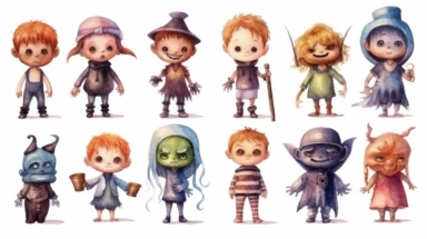 Watercolor Cute Halloween characterset: Bat, Ghost, Frankenstein, Dracula, Jack-o-Lantern, Mummy, Zombie, Witch, Grim Reaper Clipart hd, isolated on white background