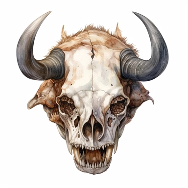 scary evil face of a pale demonic warthog skull looking head on, no eyes, watercolor, ultra high-detail, dark outlines, hyperrealism, white background, clipart