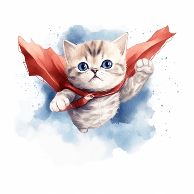 Clipart, watercolor, white background: A courageous superhero kitten soaring through the sky, with a determined expression and a symbol on its chest.