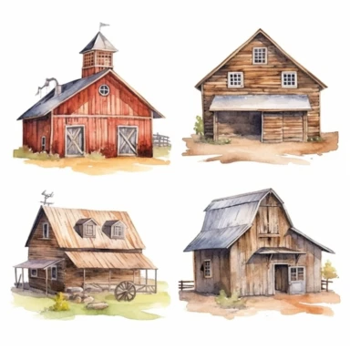 watercolor Old west style barns, illustrations clipart set, simple, , cartoon elements ,different variants , separate elements with a margin