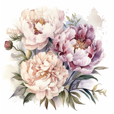 a bouquet with a few peonies clipart with white background, unimaginable beauty,white with little pink details in the centre of the bloom,An illustration clipart painted by ann buccarelli, watercolour, combo pale colours, insanely detailed, on white background, amazing colour combo, with detailed watercolor bloom, white/ pink/ green, bec winnel, intricately textured, close up, walter Langley, lucy grossmith, heavy impasto technique, detailed shading, atmospheric watercolours, on white background