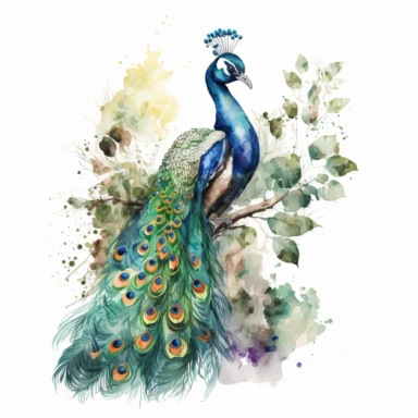 Beautiful Peacock, Watercolor Clipart, white background