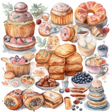 Create watercolor clipart of baked goods such as cakes, cookies, and bread with a soft, pastel color palette and intricate details, white background