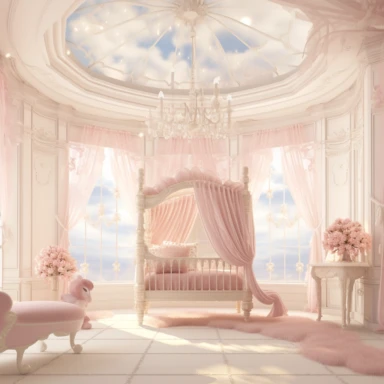panoramic view, full view, beautiful elegant royal baby girl nursery room drawing painting, frilly, romantic, fantasy, ethereal, light pink and white colors, beautiful crib with beautiful full flowing canopy, beautiful bling crystal chandelier, soft pink teddy bear, beautiful large Victorian style window with beautiful pink flowing drapes, faux fur rug, sharp focus, high detail, 8k, illustration clipart style, transparent background