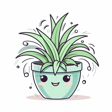 cute clipart icon of spider plant, Chlorophytum comosum, green and white leaves, smiling face inside the pot, kawaii, anime style, in white background, soft color blending, rounded