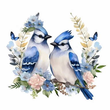 Watercolor Cute Couple Blue jay bird Clipart ,White background