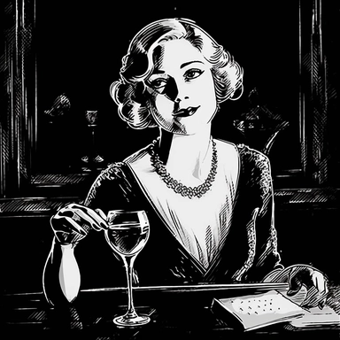 sketch clipart of 20s poster lady enjoying wine, hd, white on black background, spaced out,--ar 3:2