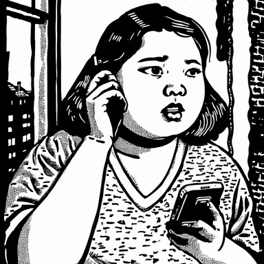 overweight 16 year old asian girl talking on her cell phone, her facial expression is nuetral, she is outside, clipart art style, only necessary detail, in black pen ink, black and white only, block print, medium shot