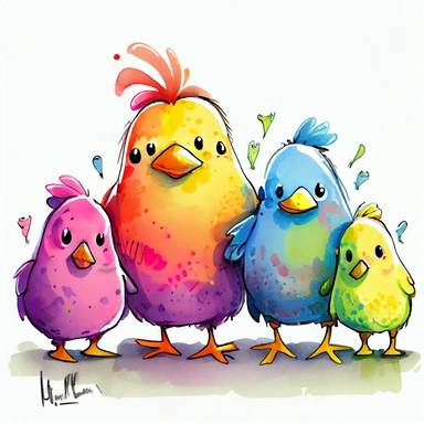 funny pink, yellow, blue, orange, and green chickens with hen mom, WITH BEAUTIFUL LEGS, like a best friend, cartoon style, white background, black outside lines, designs, white background, watercolor pencil drawing, small details, digital art, clipart, super acurate, –testp, pixar,