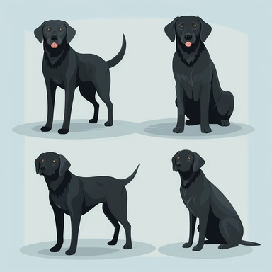 Create a set of vector clipart designs featuring black Labrador Retrievers. The clipart should depict the playful and friendly nature of black Labs. Each design should showcase a single black Lab in different poses and activities. The Labradors should have a distinct, recognizable shape with sleek lines and minimal details. The color palette should focus on shades of black and dark gray, with subtle highlights and shading to add depth and dimension to the illustrations. The clipart should be ver
