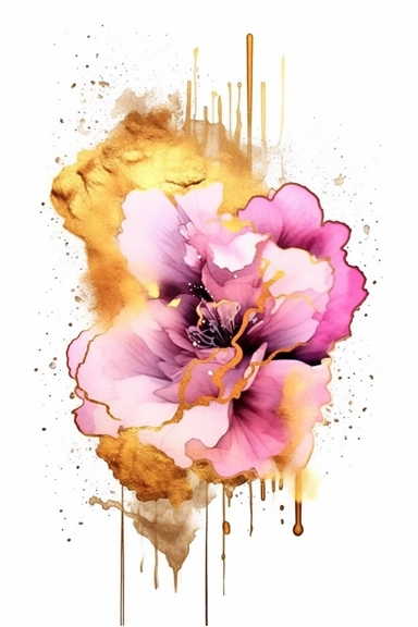 beautiful gorgeous alcohol ink of gold serene nature scene with a central focus on a pink tiger , minimalist style, crystals, glam, glossy, glitter texture, liquid ink clipart, modern and stylish design, bright colors, 300 dpi, clear decoration, clear white background, highly detailed digital art, 8k