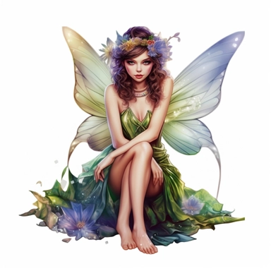 cartoon woman dressed as a fairy with wings and matching dress, kneeling, eyes focused on camera, full body, colors of green purple gold and blue, glamorous realistic and detailed, watercolor, white background with margins, clipart style