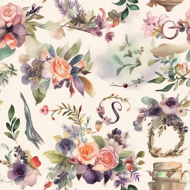 Design a set of watercolor-style digital cliparts specifically for wedding and event decorations. The cliparts should include elements such as flowers, garlands, wreaths, ribbons, and romantic symbols like hearts and doves. Consider various color palettes and styles to cater to both traditional and modern weddings and events. The cliparts should be versatile and suitable for use in invitations, save-the-date cards, menu cards, table cards, seating charts, and other decorative elements