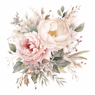 Dusty pink and white flowers, peonies, austin roses, big blooms, with muted green whispy foliage with gold flicks, elegant and beautiful floral clipart for wedding invitations, delicate, watercolor, oil painting, defined edge on white background