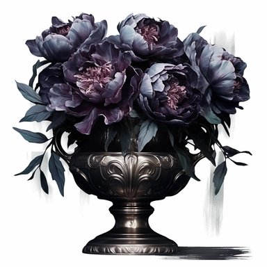 gothic dark peonies in metallic vase, painting, dark fantasy, clipart, digital art techniques, eerie compositions, white background