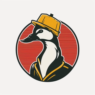 A simple, flat, line vector logo. Elements: front view of the duck wearing yellow hard safety hat and coveralls. Colors: white background, coveralls are red colored, duck is black. Anthropomorphism Style: minimalist, clip art, black and white, no realistic detail, cargo ships in the circular background no text, professional, East Asian Chinese traditional style, Oriental style,