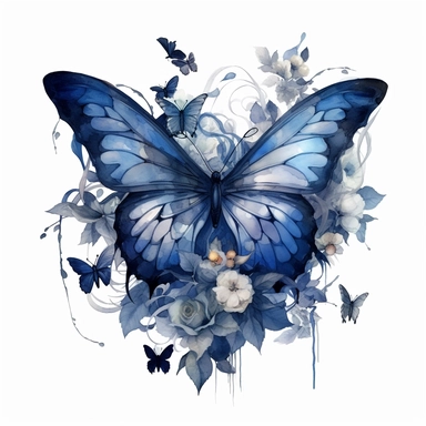 Beautiful clipart of a butterfly animal in flowers, in the style of artgerm, watercolor, animal motifs, Dark blue tones, amedee ozenfant, he jiaying, oshare kei