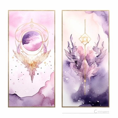 Tarot Cards, in the style of watercolor illustrations, pink and gold, soft lilac, magical and mystical, galaxy elements, modern minimal watercolor, on white background, clipart
