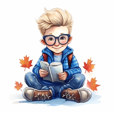 a happy little cute boy in a five-year-old, white short, blue jacket, book, glasses, maple leaf, style by Lusy Fleming, folk art, watercolor, clipart elements, smooth gradients, black contour outline, ultra detailed, white background, super clear, high quality