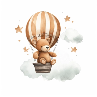 Boho teddy bear clipart for a nursery, light brown tone for a boy, flying past a cloud, solid white background