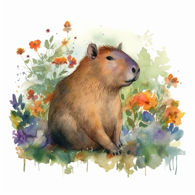 Capybara watercolor clipart designed in the style of Quentin Blake. The image features a charming capybara sitting on a grassy patch, surrounded by colorful flowers and lush foliage. The color temperature is warm, with a palette of earthy tones and vibrant greens. The capybara's contented expression and relaxed posture convey a sense of tranquility. Soft, diffused lighting enhances the inviting and cheerful atmosphere.