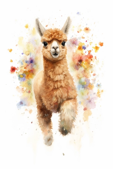 A highly detailed watercolor drawing of an adorable baby alpaca frolicking on a rolling wildflower hill on white background. The alpaca is captured in a playful and joyful moment, with its fluffy coat bouncing as it jumps and runs through the vibrant wildflowers. The watercolor depicts the intricate details of the alpaca's features, including its expressive eyes, cute ears, and endearing smile. The drawing showcases the alpaca's interaction with the colorful wildflowers, with petals and blooms s