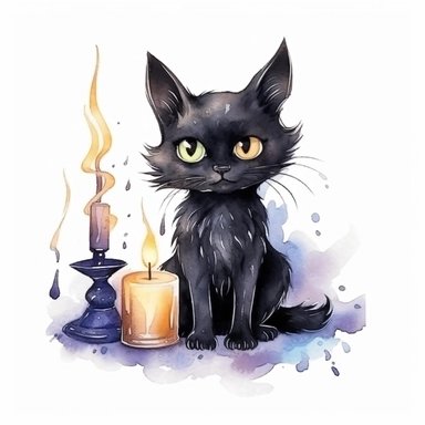a cute cartoon black cat with glowing eyes, adding an element of mystery and witchy vibes, watercolor illustration, cartoon clipart, white background for removing background