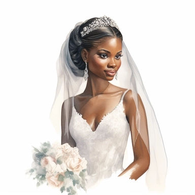 Watercolour of a black bride , Clipart,Cartoon,hyper realistic, intricate detail, illustration style,high resolution, isolated on a white background