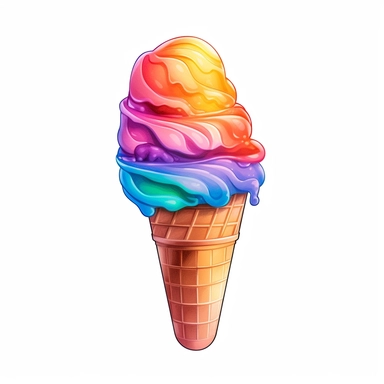 Rainbow sherbet ice cream in a cone, Clipart, clean lines, white background